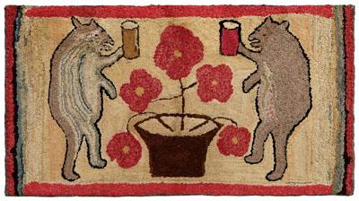 Hooked rug with drinking bears, two