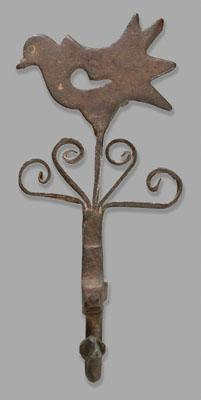 Wrought iron hook with bird, mounting