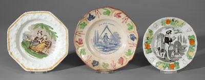 Three ABC plates: one with luster