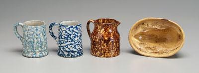 Four pieces pottery: two blue spongeware