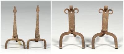 Two pairs wrought iron andirons: