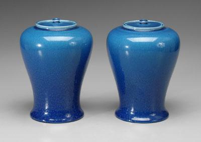 Pair Rookwood lidded jars: speckled