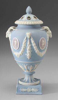 Wedgwood tri-color urn, oval reserves