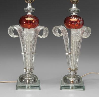 Pair lamps cranberry intaglio a082a