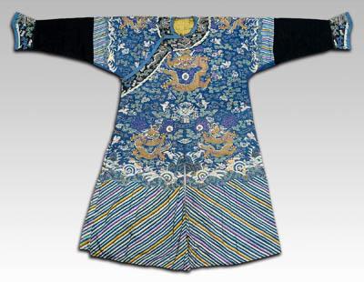 Chinese blue silk dragon robe, nine