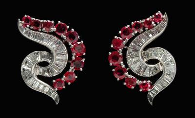 Pair diamond ruby platinum earrings  a0898