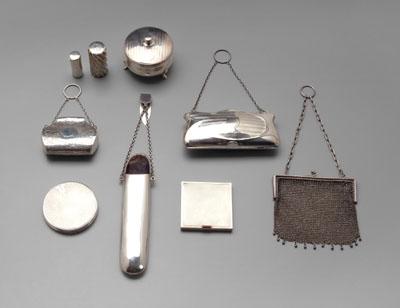 Nine silver items: chatelaine glasses