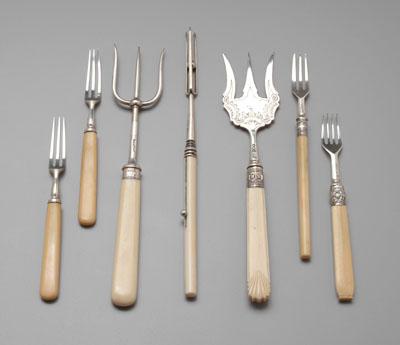 English silver and bone serving forks,