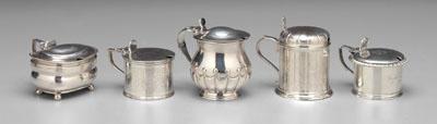 Five English silver mustard pots  a090f