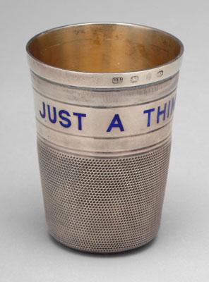 English silver thimble jigger, blue-enameled