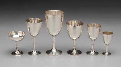 Six English silver goblets, beaded
