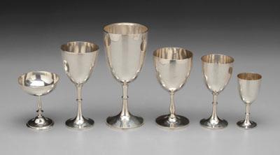 Six English silver goblets, beaded borders: