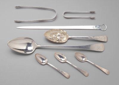 Eight Bateman silver spoons, tongs,