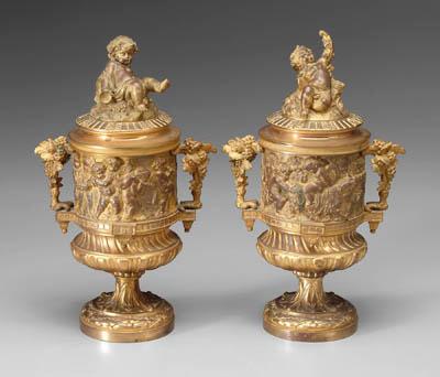 Pair bronze dore lidded urns: finials