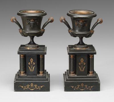 Pair cast metal urns: patinated