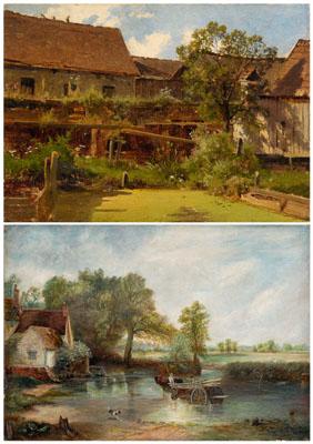 Two landscapes: mill race and buildings,