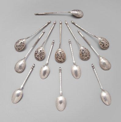 Russian and French silver spoons, all