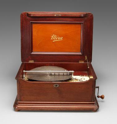 Mira music box, mahogany case with 6-3/8