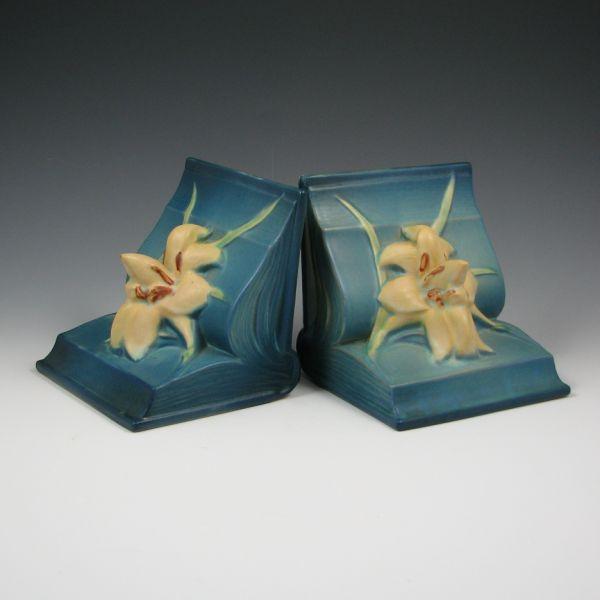 Pair of blue Roseville Zephyr Lily bookends.