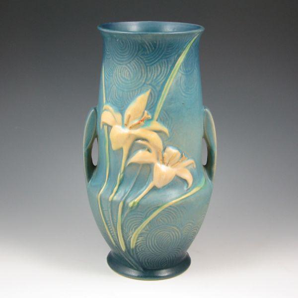 Roseville Zephyr Lily vase in blue.