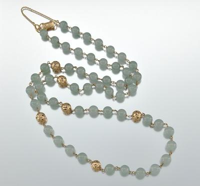 A Blue Jade Gold Bead Necklace 14k yellow