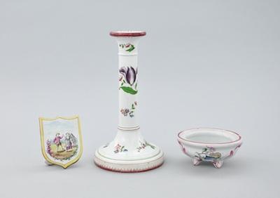 A Faience Candle Holder, Bowl and