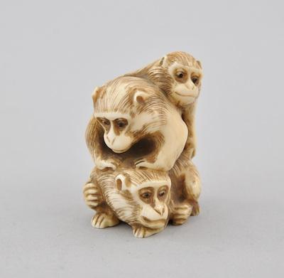 Three Grooming Monkeys Netsuke Carved