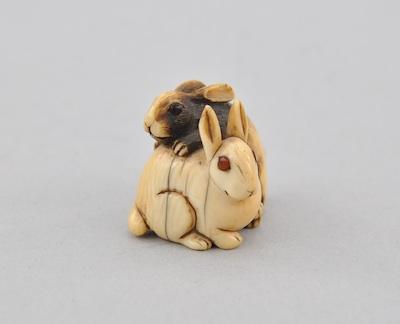 Two Playful Rabbits Okimono Carved b504a