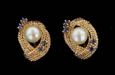 A Pair of Pearl and Sapphire Earclips b4ec8