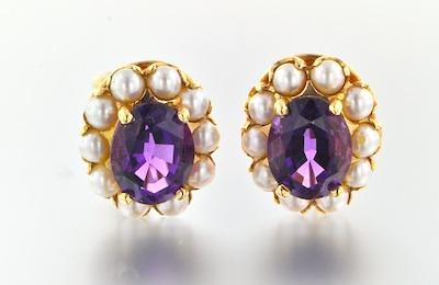 A Pair of Amethyst and Pearl Earrings b4f1a