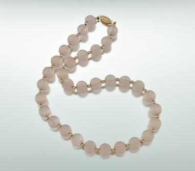 Carved Pink Quartz Bead Necklace 14k