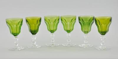 Six Crystal Goblets in Green and Clear