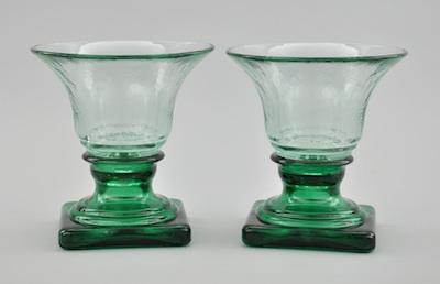 A Pair of Green Glass Vases Footed urn