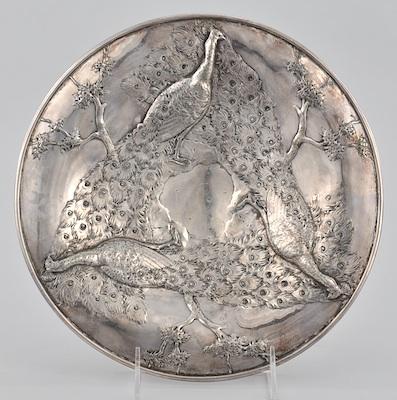 A Silver Plate Peacock Dish The shallow