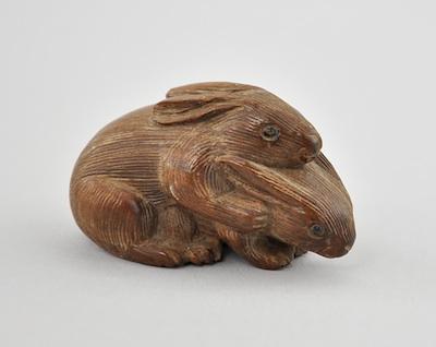 Rabbit Couple Wood Netsuke Carved depicting