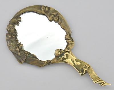 A Cast Bronze Hand Mirror with Pierrots