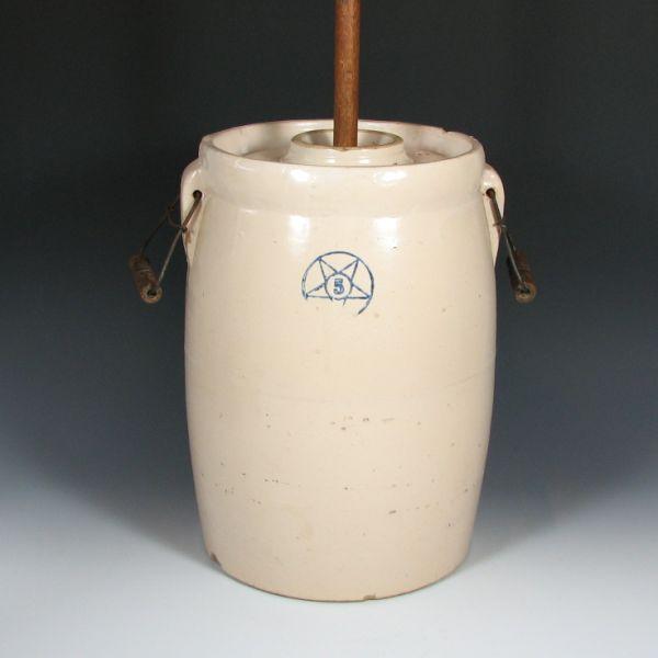 Five gallon stoneware butter churn