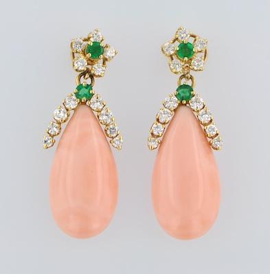 A Pair of Coral, Emerald, and Diamond