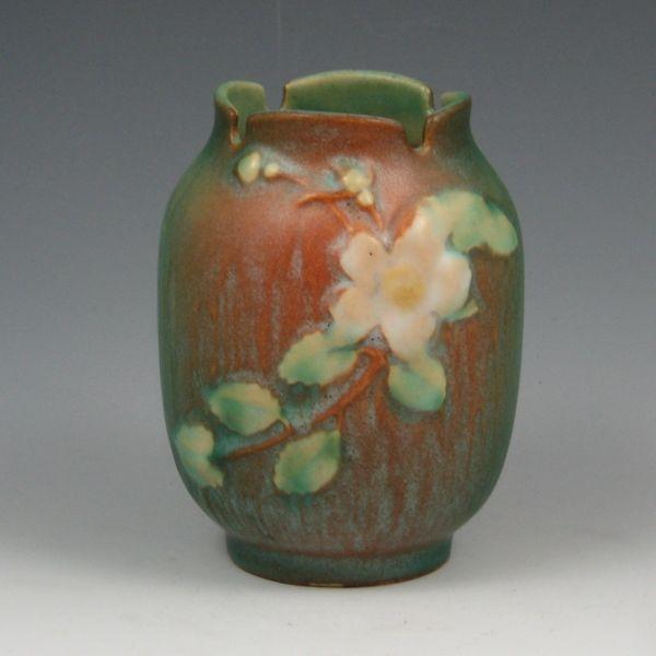 Roseville White Rose vase in green and