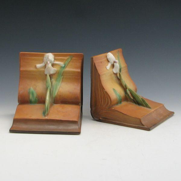 Pair of Roseville Iris bookends in brown.