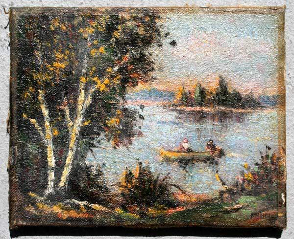 FIGURES PADDLING IN A CANOE: Oil/Canvas/Wood,