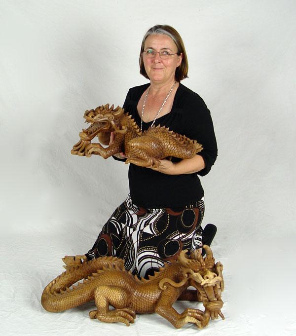 2 BALINESE CARVED WOOD DRAGONS  b7f6d