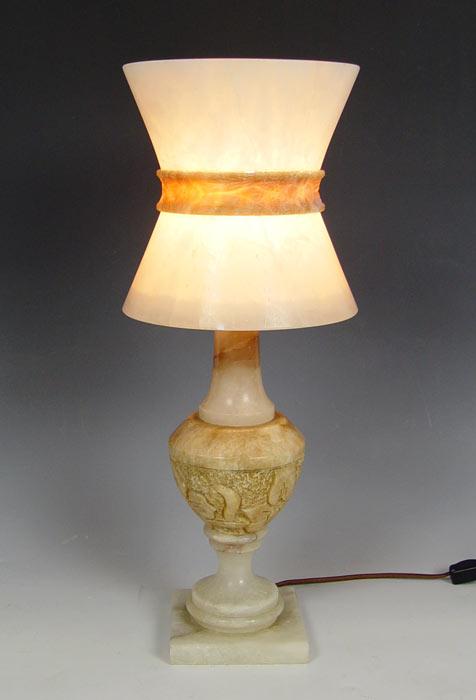 ALABASTER TABLE LAMP AND SHADE: