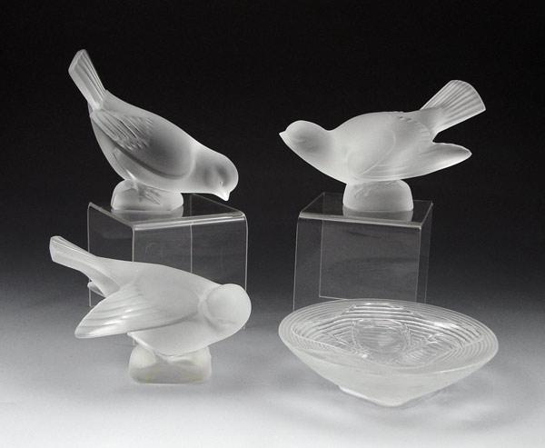 3 LALIQUE CRYSTAL BIRDS AND DISH  b7f9b