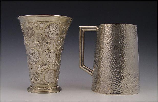 GERMAN SILVER MUG AND COIN CHALICE: