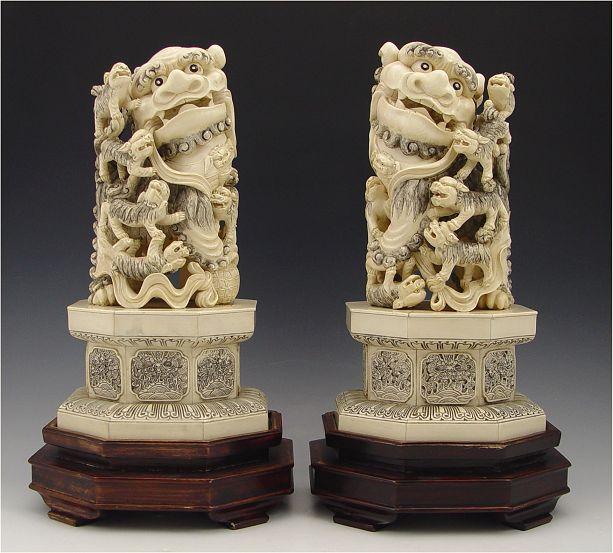 PAIR CHINESE CARVED IVORY FOO DOGS  b8024