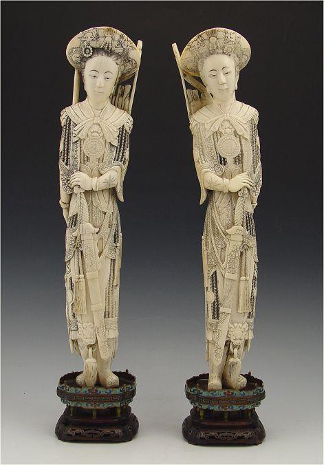 PAIR CARVED IVORY FEMALE WARRIORS  b8025