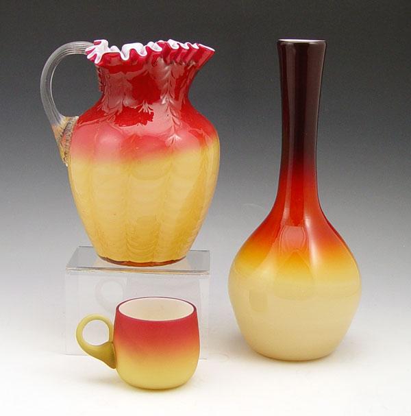 3 PIECE PEACH BLOW GLASS: 1)Bottle