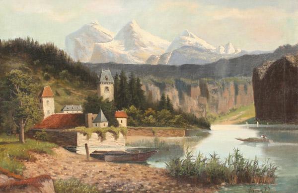 ALPINE LAKESIDE SCENE SIGNED LANZ: