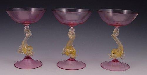 3 VENETIAN GLASS DOLPHIN BASE GLASSES: